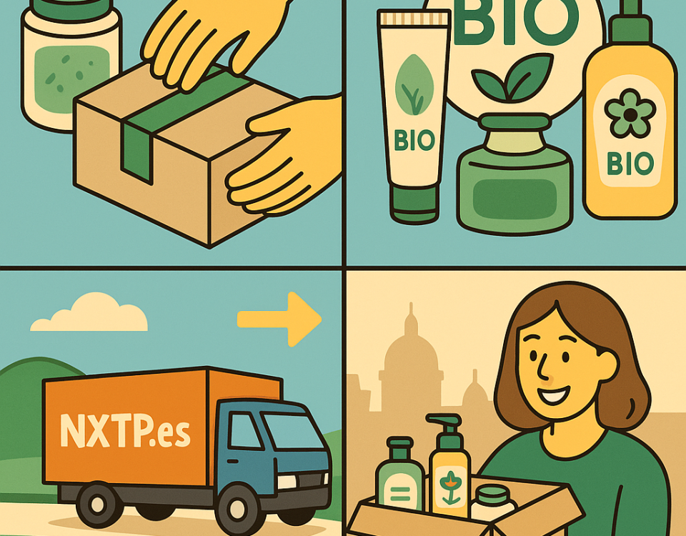 Ilustración cómic Flat Design sobre envío de cosmética natural a Bulgaria con NXTP.es.