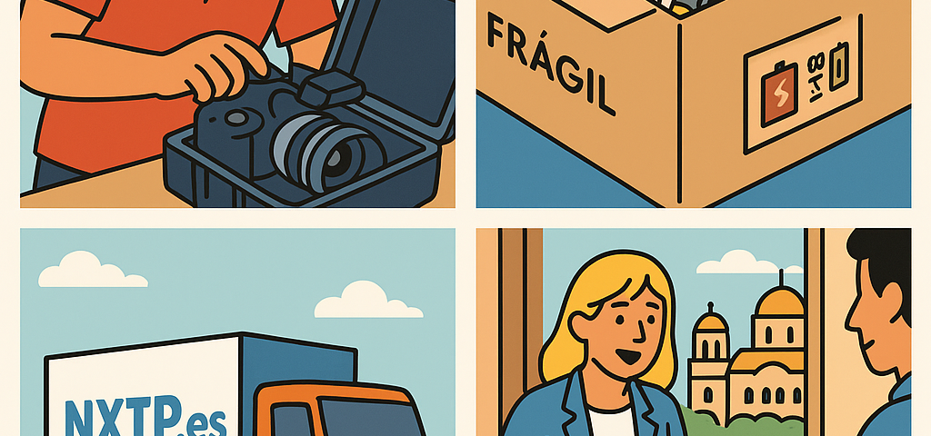Ilustración cómic Flat Design sobre envío de drones y equipos de filmación a Bulgaria con NXTP.es.