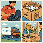 Ilustración cómic Flat Design sobre envío de drones y equipos de filmación a Bulgaria con NXTP.es.