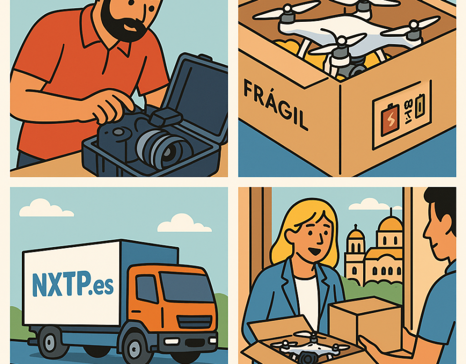 Ilustración cómic Flat Design sobre envío de drones y equipos de filmación a Bulgaria con NXTP.es.