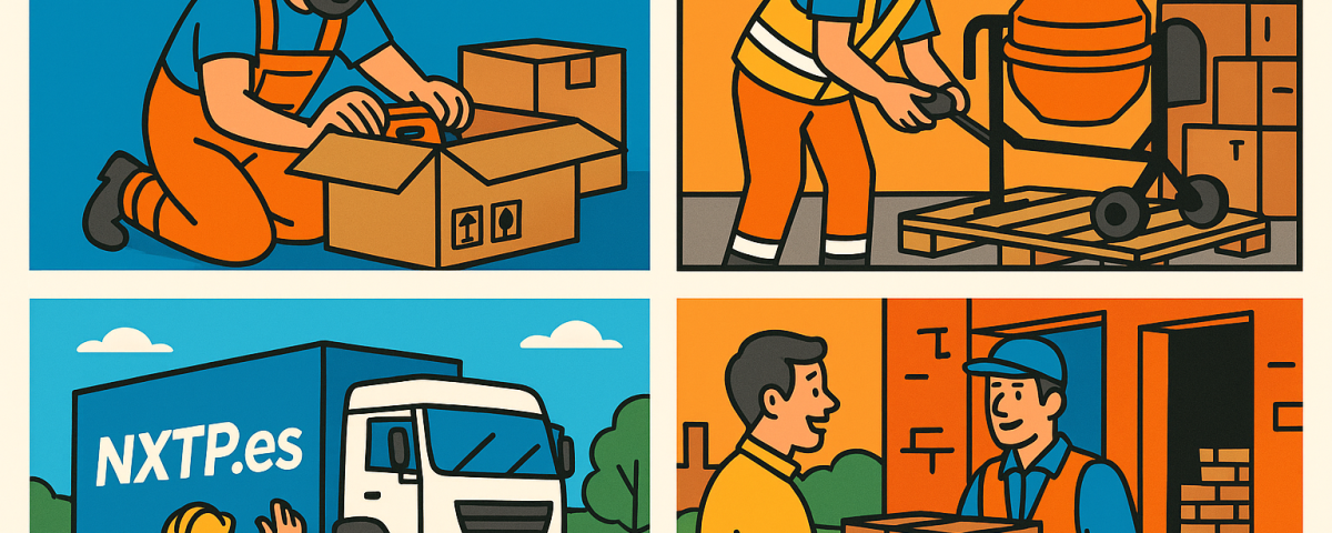 Ilustración cómic Flat Design sobre envío de herramientas y material de construcción a Bulgaria con NXTP.es.