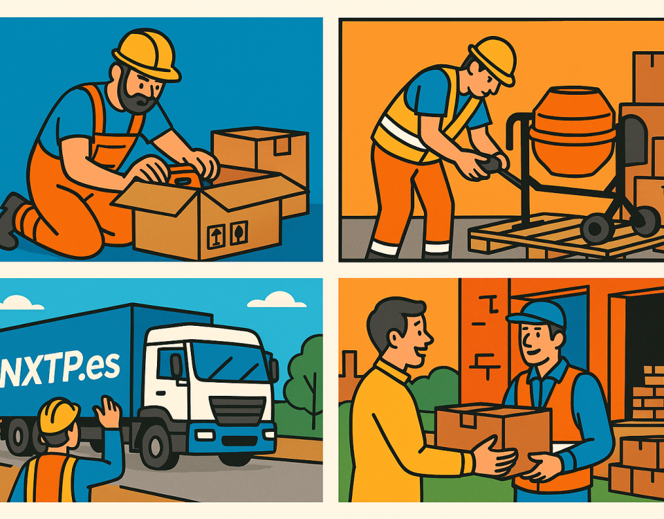 Ilustración cómic Flat Design sobre envío de herramientas y material de construcción a Bulgaria con NXTP.es.