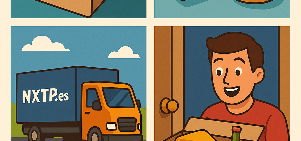 Ilustración cómic Flat Design sobre envío de productos locales españoles a Bulgaria con NXTP.es.