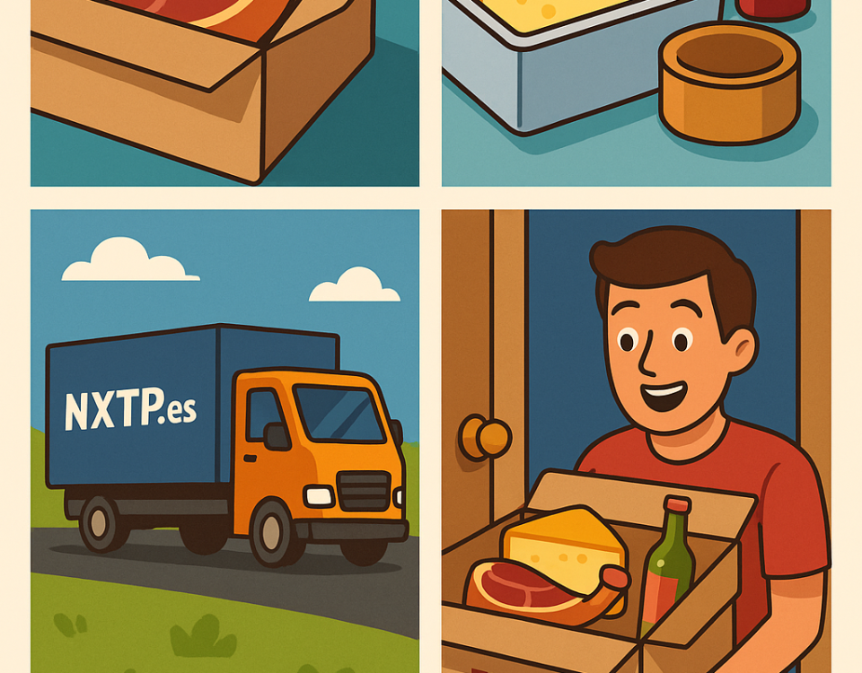 Ilustración cómic Flat Design sobre envío de productos locales españoles a Bulgaria con NXTP.es.