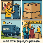 Ilustración cómic Flat Design sobre envío de ropa de diseño a Bulgaria con NXTP.es.