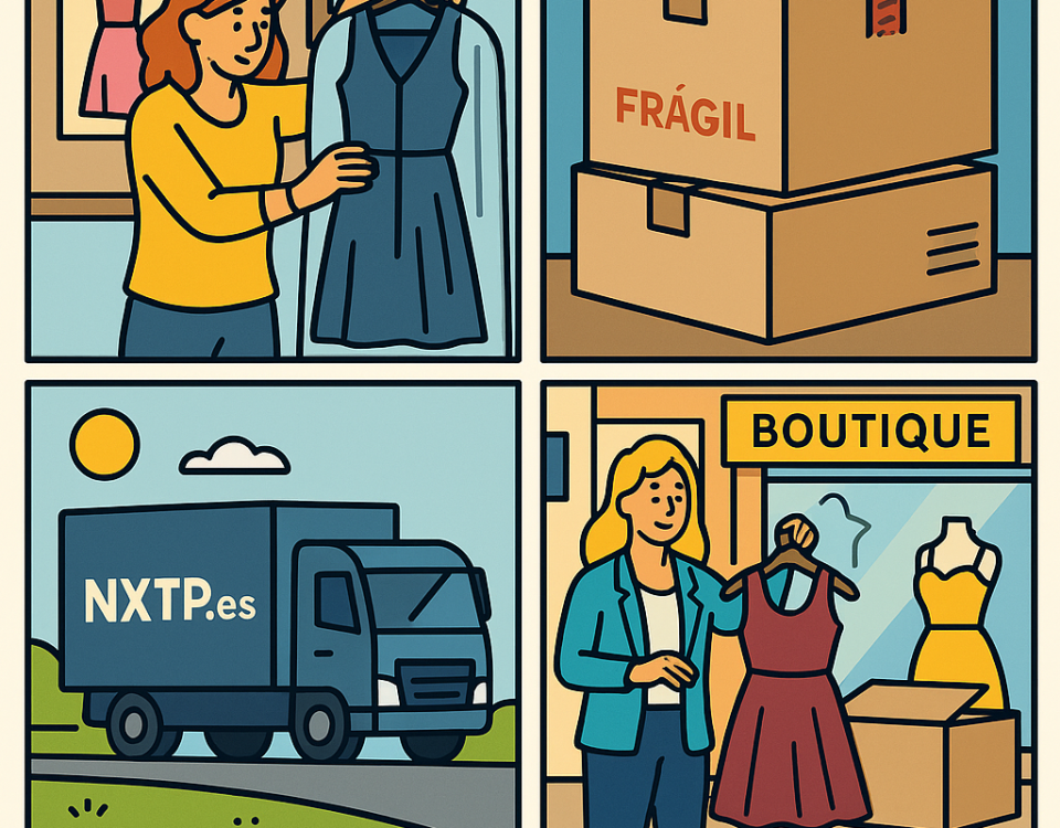 Ilustración cómic Flat Design sobre envío de ropa de diseño a Bulgaria con NXTP.es.