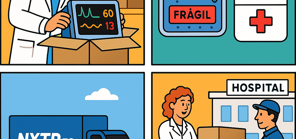 Ilustración cómic Flat Design sobre envío de equipos médicos a Bulgaria con NXTP.es.