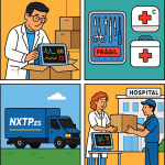 Ilustración cómic Flat Design sobre envío de equipos médicos a Bulgaria con NXTP.es.