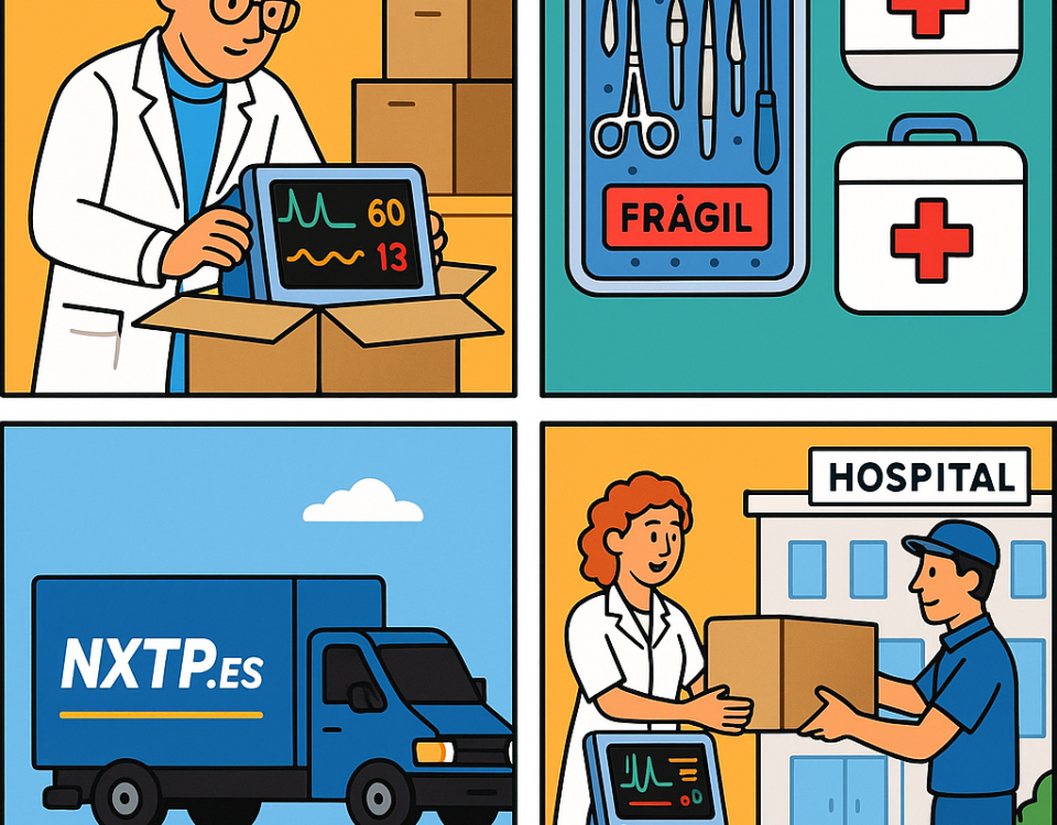 Ilustración cómic Flat Design sobre envío de equipos médicos a Bulgaria con NXTP.es.