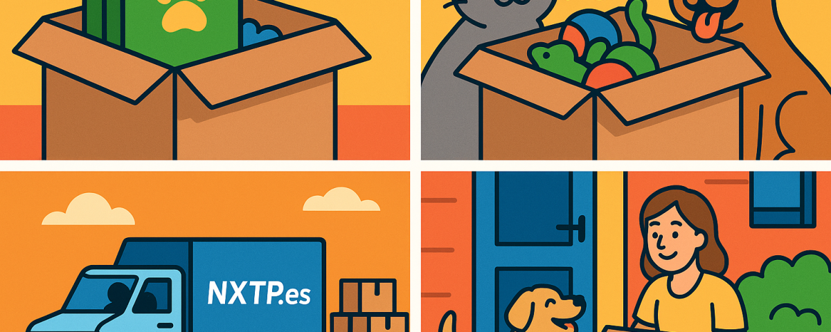 Ilustración cómic Flat Design sobre envío de productos para mascotas a Bulgaria con NXTP.es.