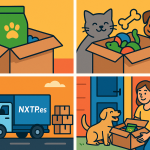 Ilustración cómic Flat Design sobre envío de productos para mascotas a Bulgaria con NXTP.es.