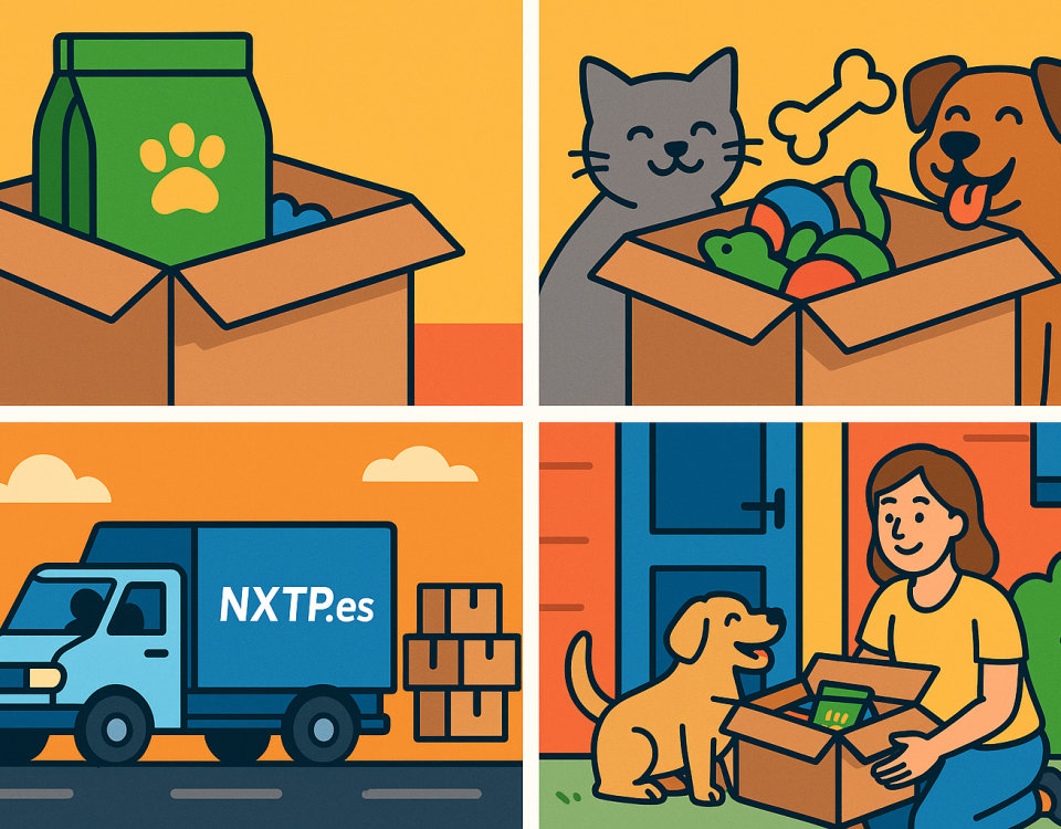 Ilustración cómic Flat Design sobre envío de productos para mascotas a Bulgaria con NXTP.es.