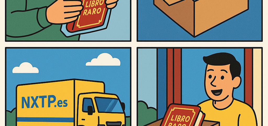 Ilustración cómic Flat Design sobre envío de libros raros y coleccionables a Bulgaria con NXTP.es.