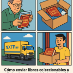 Ilustración cómic Flat Design sobre envío de libros raros y coleccionables a Bulgaria con NXTP.es.