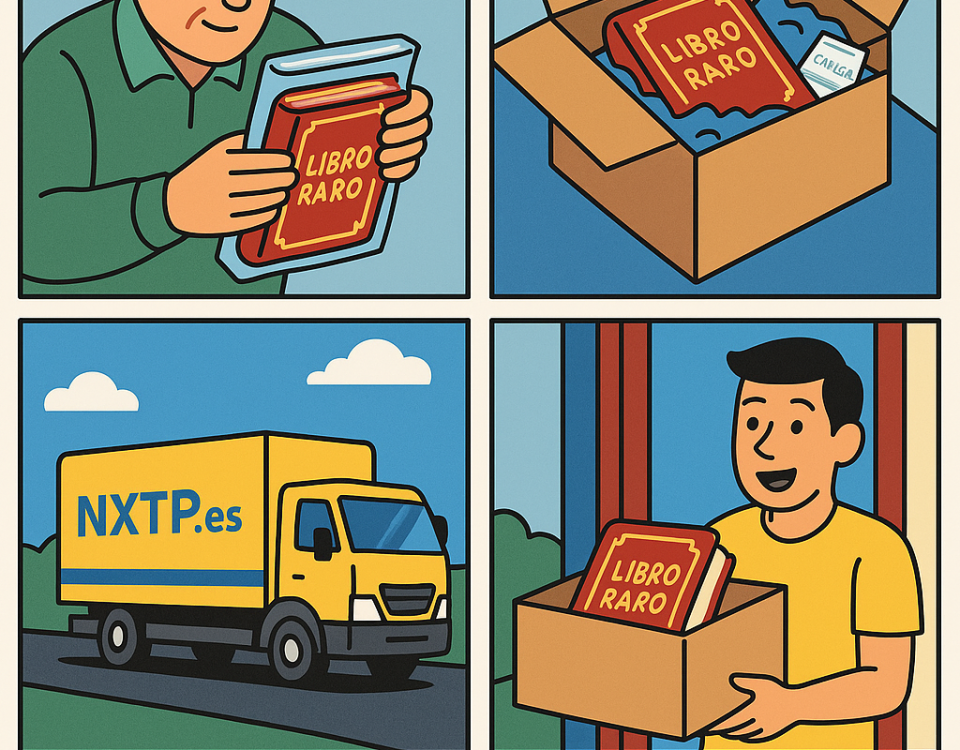 Ilustración cómic Flat Design sobre envío de libros raros y coleccionables a Bulgaria con NXTP.es.