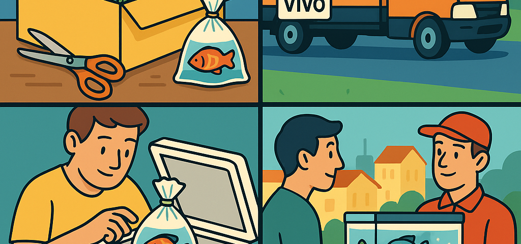 Ilustración cómic Flat Design sobre envío de peces tropicales y plantas acuáticas a Bulgaria con NXTP.es.