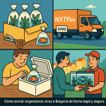 Ilustración cómic Flat Design sobre envío de peces tropicales y plantas acuáticas a Bulgaria con NXTP.es.