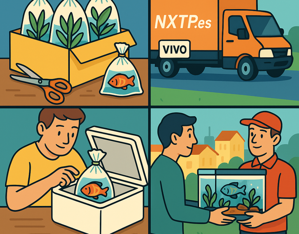 Ilustración cómic Flat Design sobre envío de peces tropicales y plantas acuáticas a Bulgaria con NXTP.es.