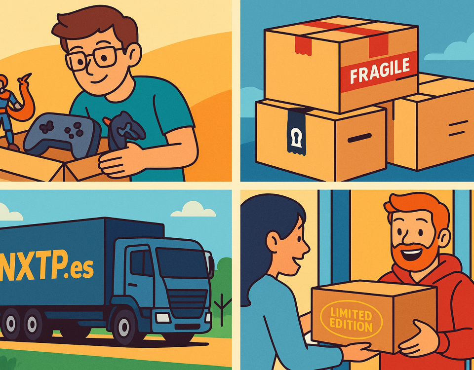 Ilustración cómic Flat Design sobre envío de productos gaming y merchandising a Bulgaria con NXTP.es.