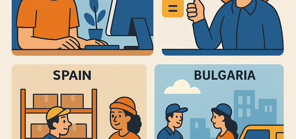 Ilustración cómic sobre comparadores de envíos para dropshipping entre España y Bulgaria
