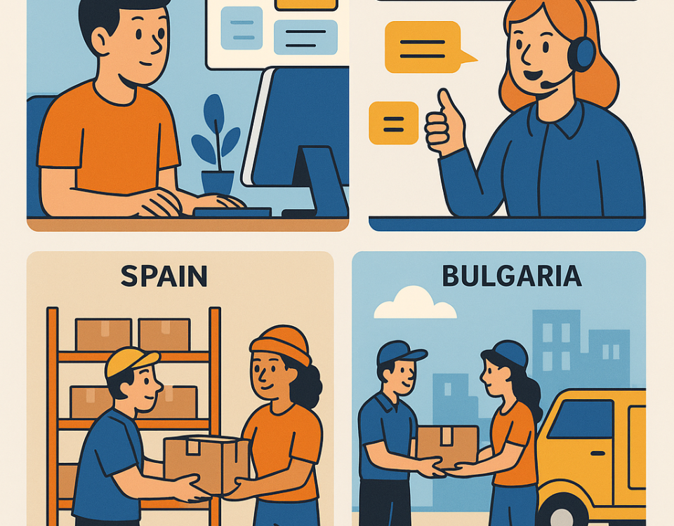 Ilustración cómic sobre comparadores de envíos para dropshipping entre España y Bulgaria