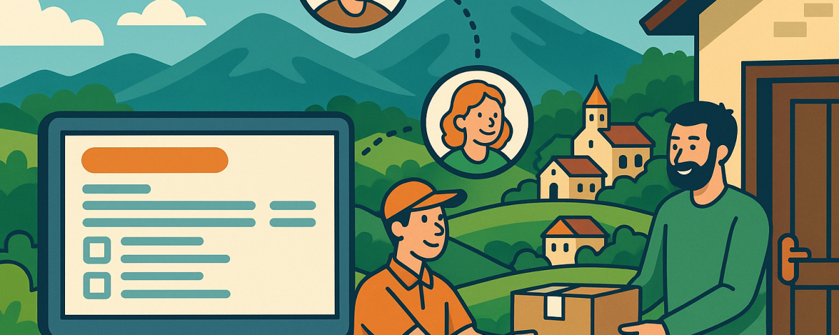 Ilustración cómic flat design sobre comparador de envíos en zonas rurales de Bulgaria