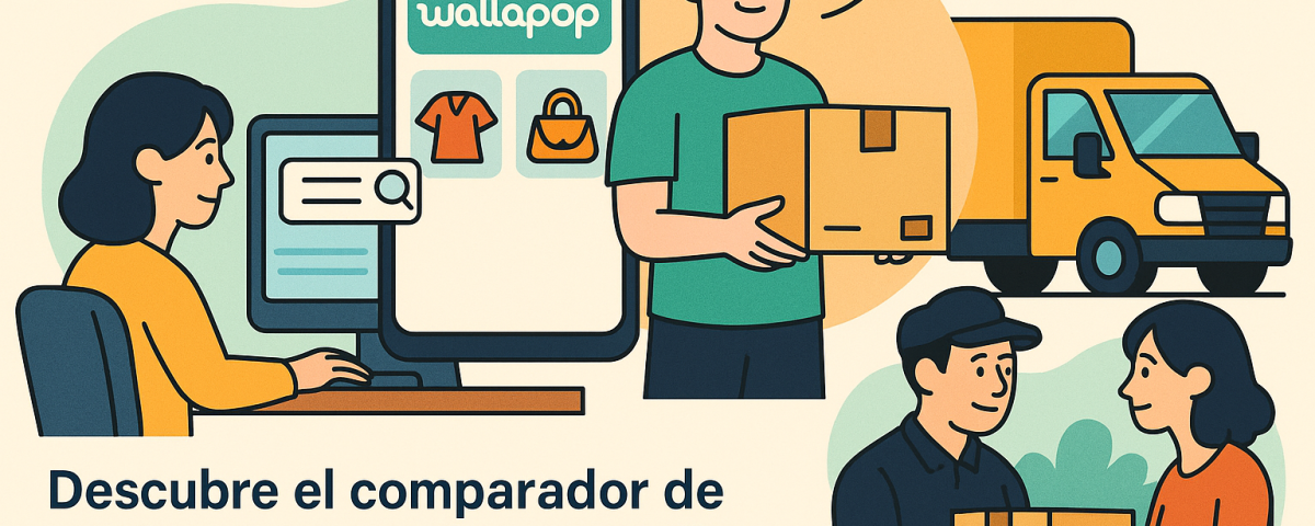 Ilustración cómic sobre comparador de envíos internacionales baratos para Wallapop y Vinted