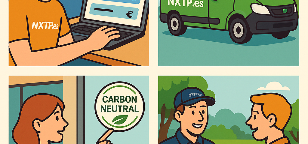 Ilustración cómic sobre comparador de envíos con opción carbono neutral en NXTP.es
