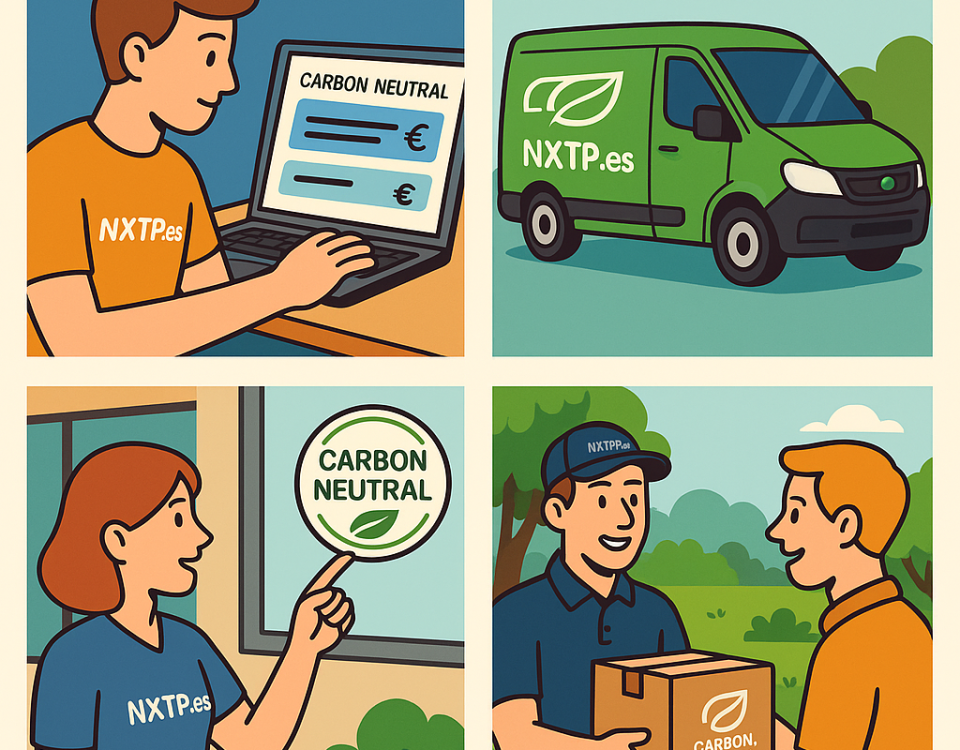 Ilustración cómic sobre comparador de envíos con opción carbono neutral en NXTP.es