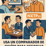 Ilustración cómic sobre cómo usar un comparador de envíos para negociar mejores tarifas con transportistas