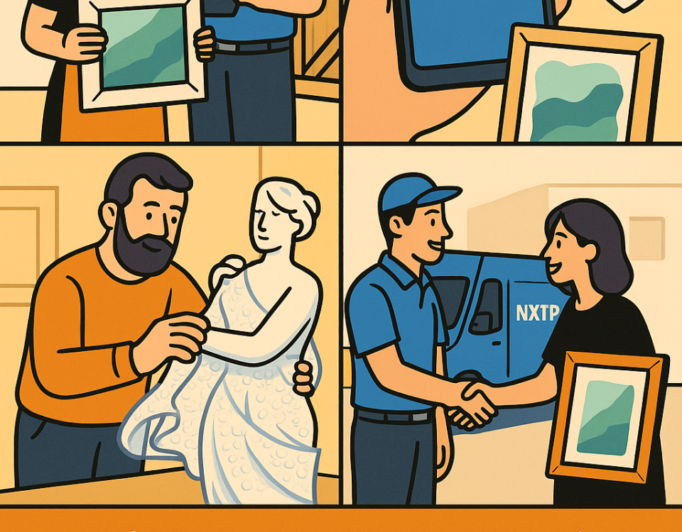 Ilustración cómic sobre envíos de cuadros y esculturas con NXTP.es