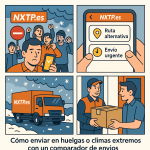 Ilustración cómic sobre envíos durante huelgas y climas extremos con NXTP.es