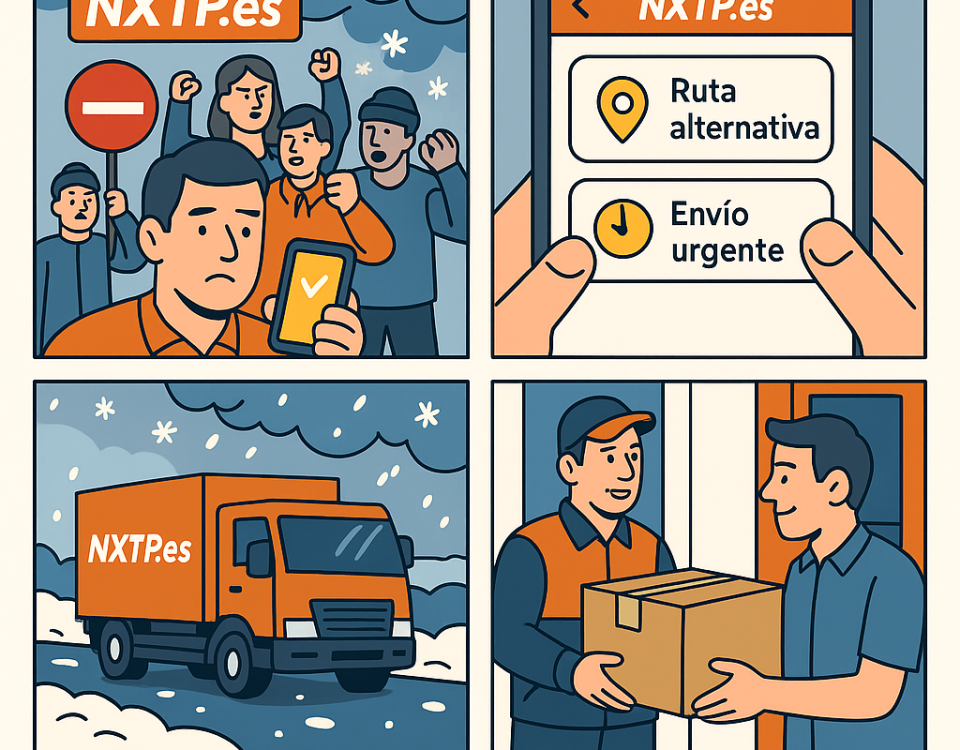 Ilustración cómic sobre envíos durante huelgas y climas extremos con NXTP.es