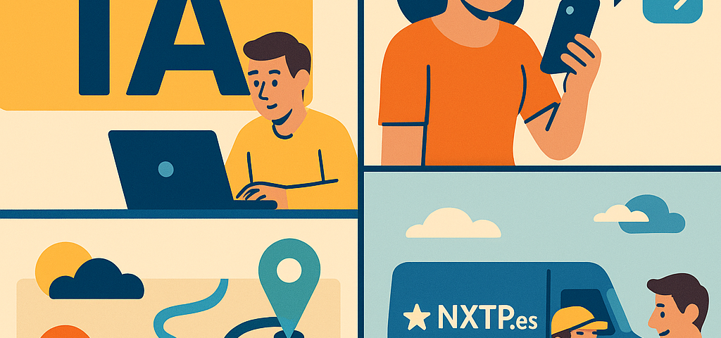 Ilustración cómic sobre optimización de rutas y precios con inteligencia artificial en envíos NXTP.es