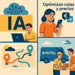 Ilustración cómic sobre optimización de rutas y precios con inteligencia artificial en envíos NXTP.es