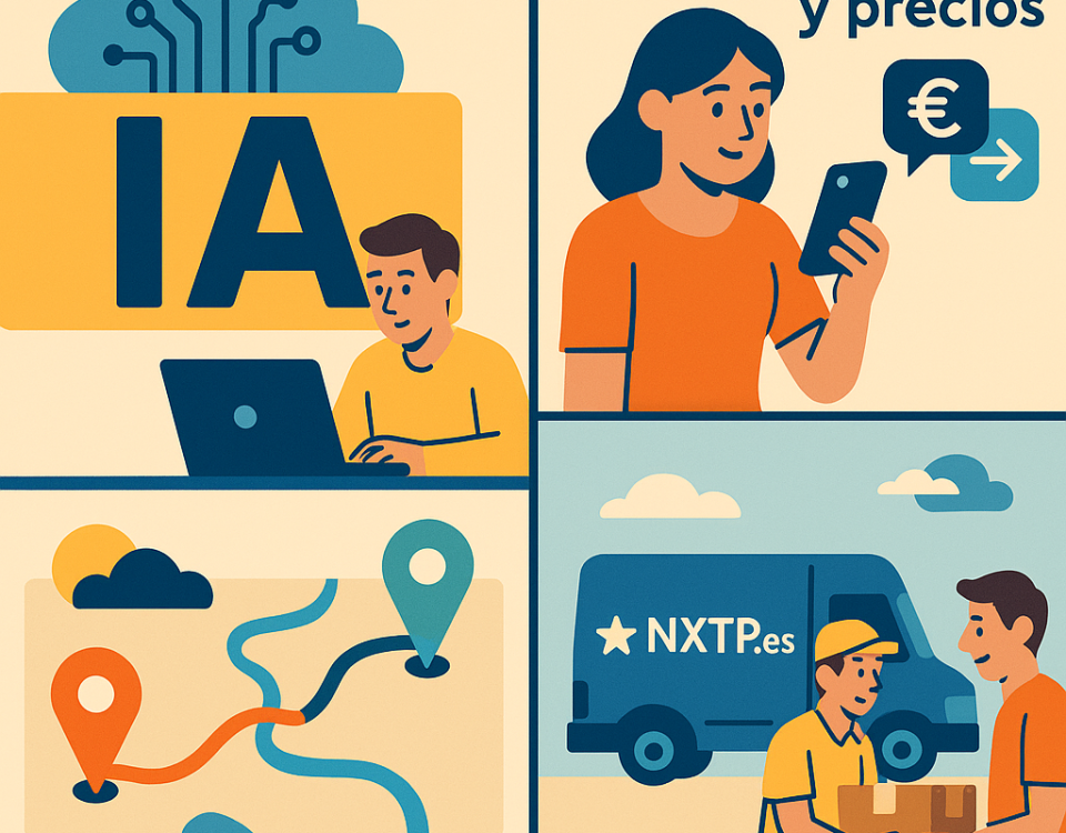 Ilustración cómic sobre optimización de rutas y precios con inteligencia artificial en envíos NXTP.es