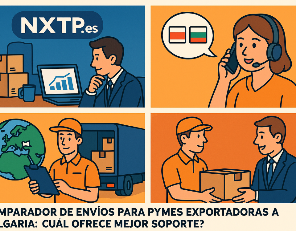 Ilustración cómic sobre soporte logístico a PYMES exportadoras a Bulgaria con NXTP.es