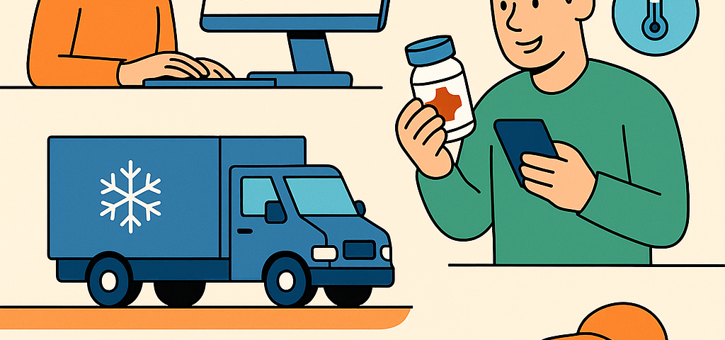 Ilustración cómic sobre comparador de envíos para farmacia y alimentos con cadena de frío