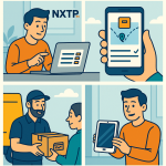 Ilustración cómic en flat design sobre el envío seguro de dispositivos electrónicos con NXTP.es