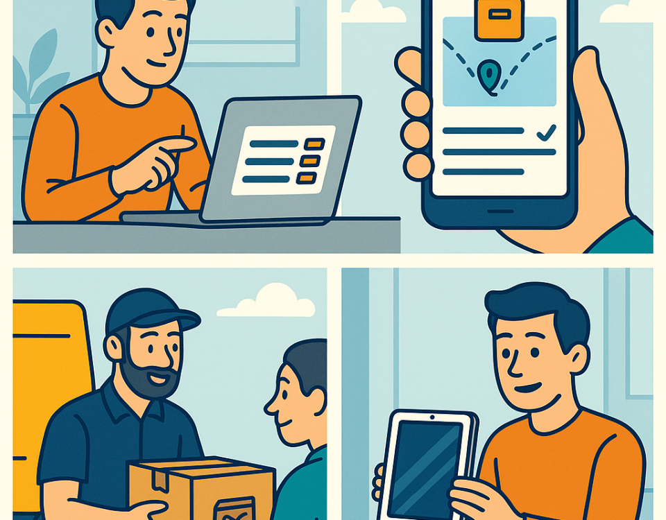 Ilustración cómic en flat design sobre el envío seguro de dispositivos electrónicos con NXTP.es