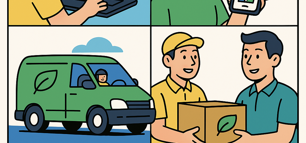 Ilustración cómic sobre envíos sostenibles y comparadores con opción green en NXTP.es