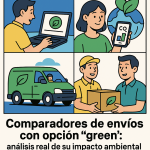 Ilustración cómic sobre envíos sostenibles y comparadores con opción green en NXTP.es