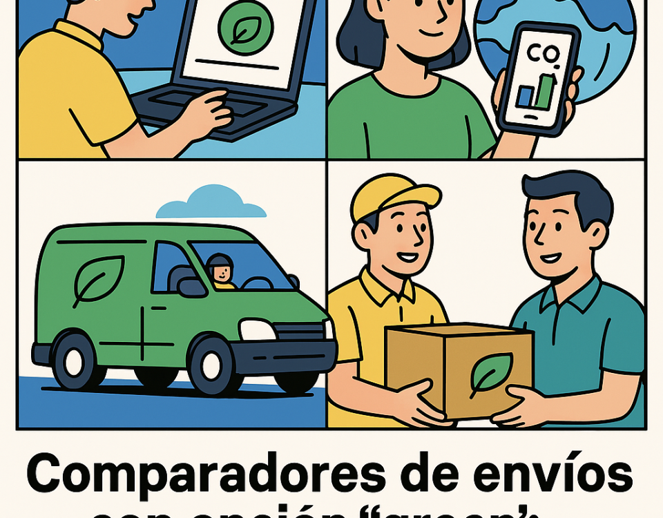 Ilustración cómic sobre envíos sostenibles y comparadores con opción green en NXTP.es