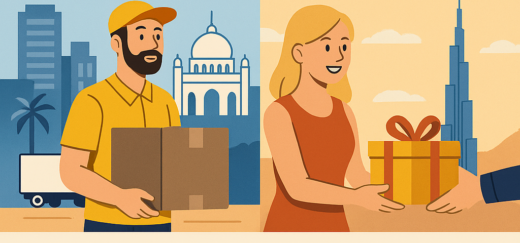 Ilustración cómic sobre envíos de productos de lujo a Emiratos Árabes con NXTP.es