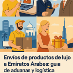 Ilustración cómic sobre envíos de productos de lujo a Emiratos Árabes con NXTP.es