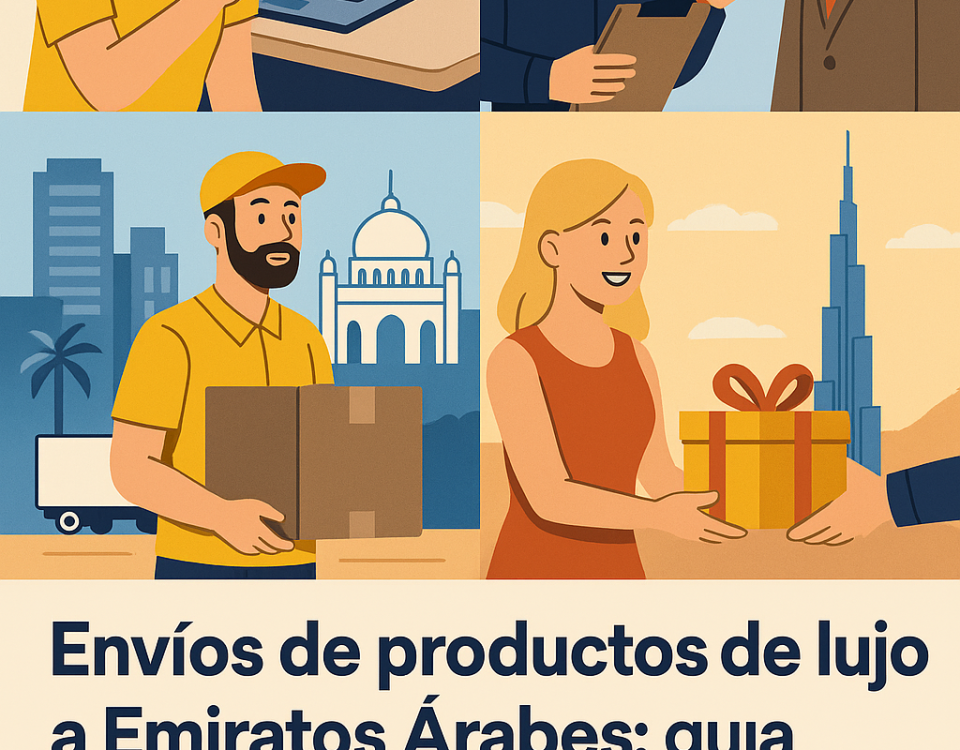 Ilustración cómic sobre envíos de productos de lujo a Emiratos Árabes con NXTP.es