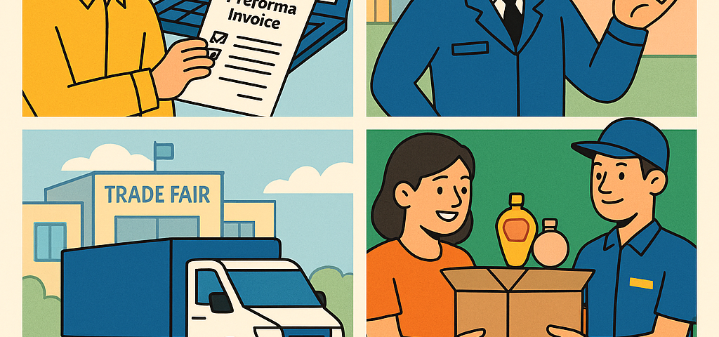 Ilustración cómic sobre envío de muestras comerciales a ferias internacionales sin pagar impuestos