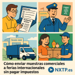 Ilustración cómic sobre envío de muestras comerciales a ferias internacionales sin pagar impuestos