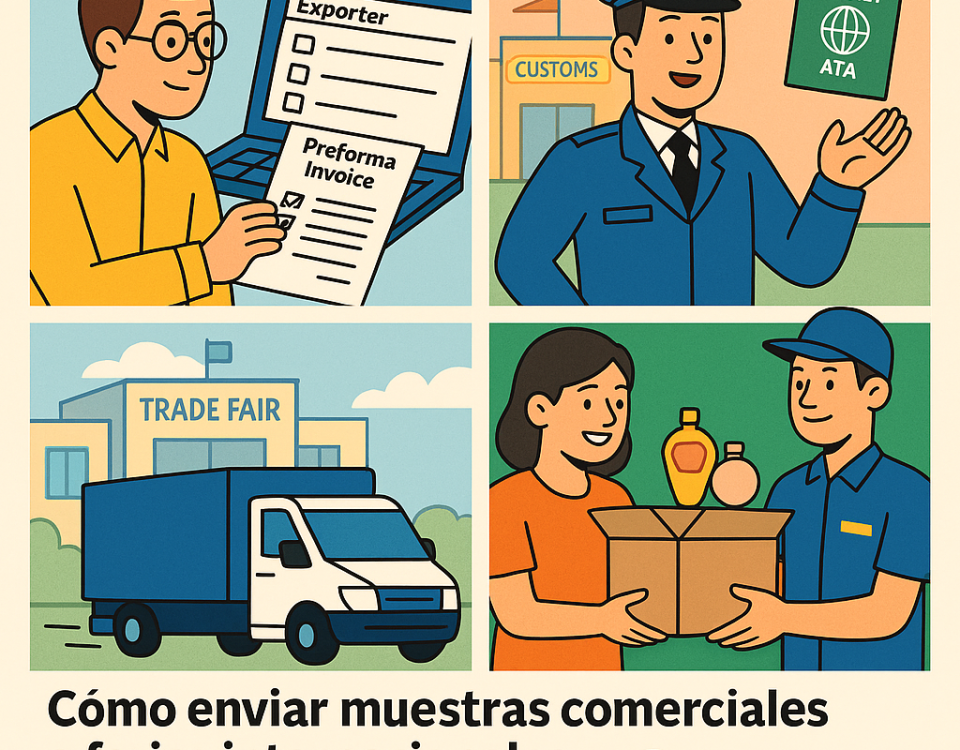 Ilustración cómic sobre envío de muestras comerciales a ferias internacionales sin pagar impuestos