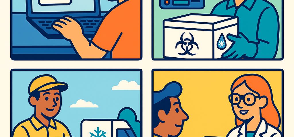 Ilustración cómic sobre envíos de muestras biológicas internacionales con NXTP.es